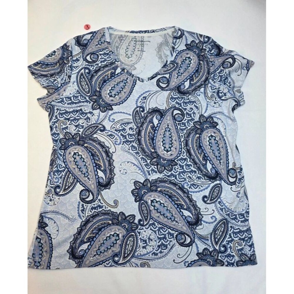 Croft & Barrow Paisley Print V-Neck Short Sleeve Tee Shirt Blue Navy Size L